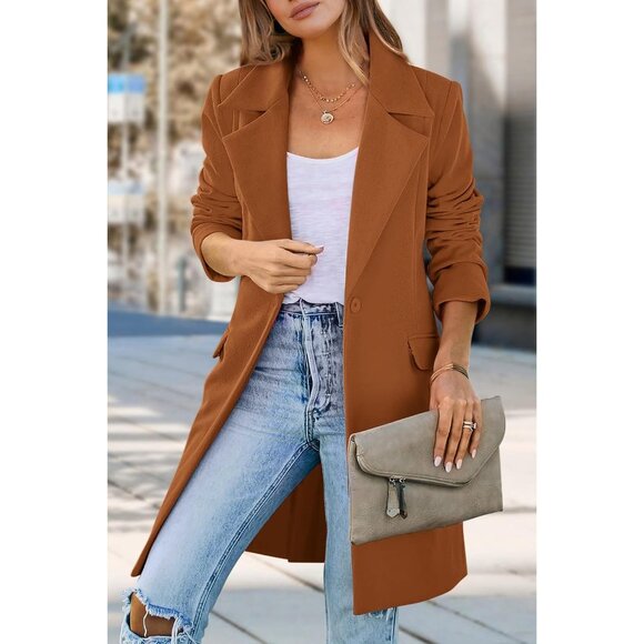 Women's Brown Fall Long Sleeve Lapel Pockets Loose Fit Casual Blazers Outerwear - Picture 3 of 9